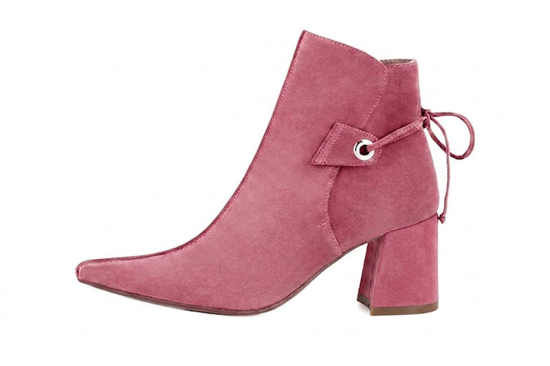 Handcrafted women's comfortable and elegant ankle boots, with laces at the back in carnation pink premium leather. High slim heels. Pointed toe. Perfect for elevated everyday style. 
                Choose from our luxurious collections of leather and fabric to perfectly match your ankle boots to your outfits. - Florence KOOIJMAN